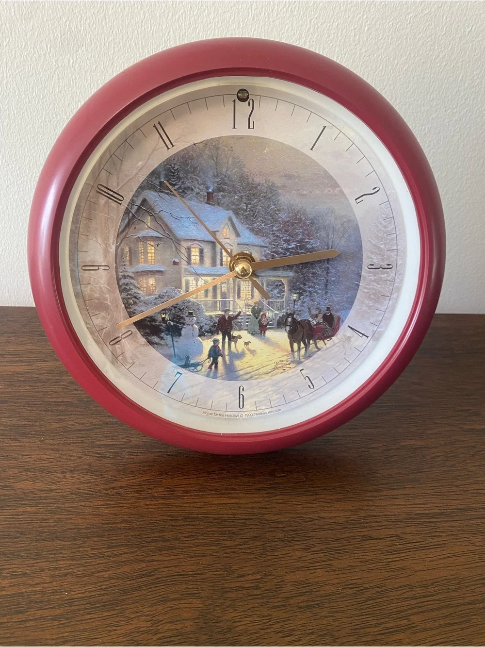Thomas Kinkade Red Wall Clock with Winter Village Scene